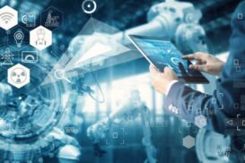 Manager Technician Industrial Engineer working and control robotics with monitoring system software and icon industry network connection on tablet. AI, Artificial Intelligence, Automation robot arm machine in smart factory on blue digital background, Inno